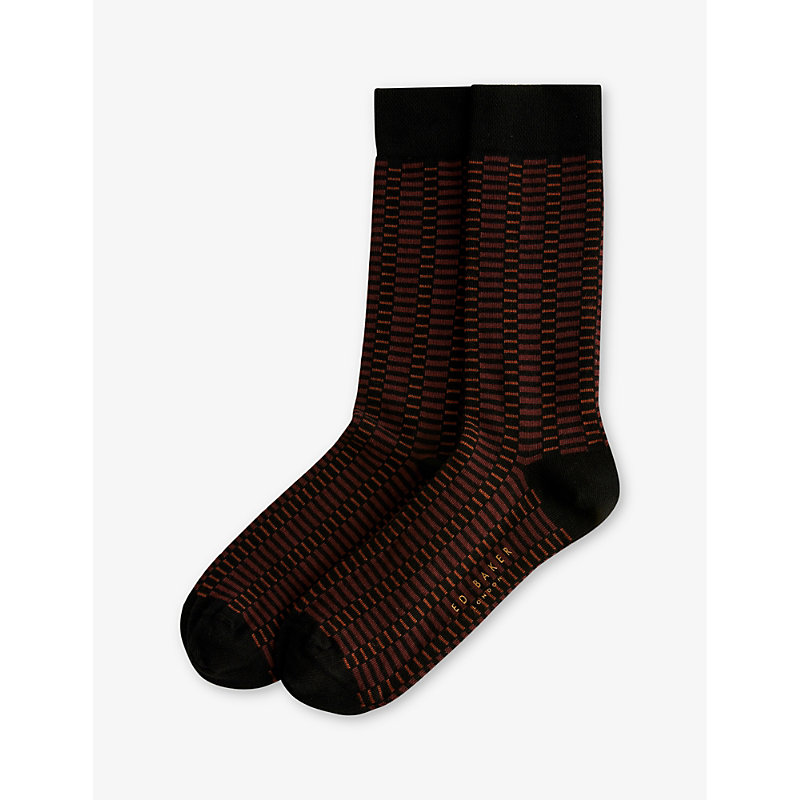 Shop Ted Baker Mens Brown Sokkone Crew-length Patterned Stretch-cotton Socks