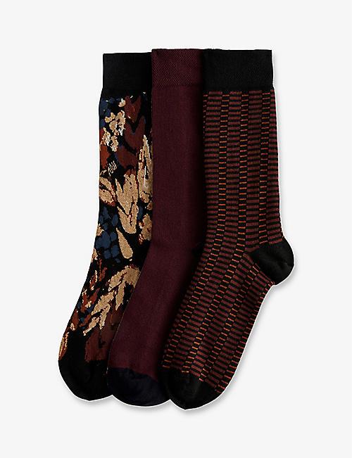 TED BAKER: Burgpak assorted-pattern stretch-cotton socks pack of three