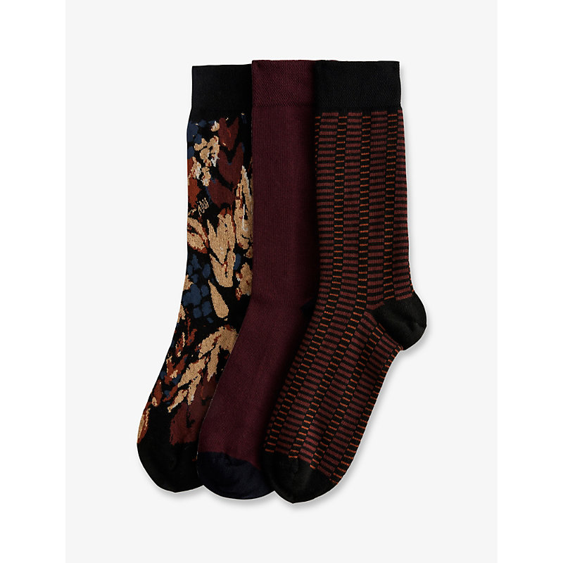 Ted Baker Mens Assorted Burgpak Assorted-pattern Stretch-cotton Socks Pack Of Three