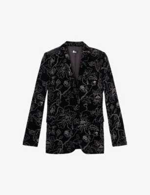 The Kooples Womens Black Floral-embroidered Metallic Velvet Jacket