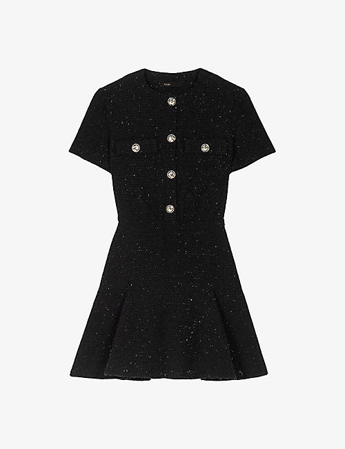 MAJE: Round-neck short-sleeved tweed mini dress
