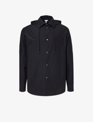 Shop Loewe Men's Black Anagram-jacquard Hooded Cotton Overshirt