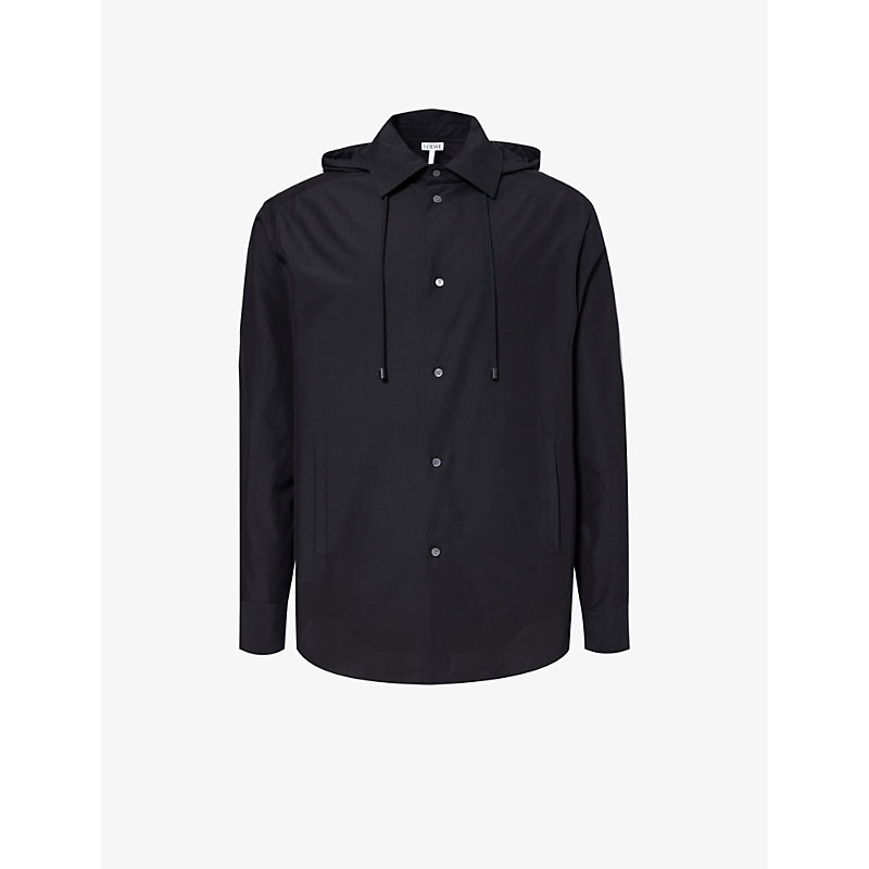 Shop Loewe Men's Black Anagram-jacquard Hooded Cotton Overshirt
