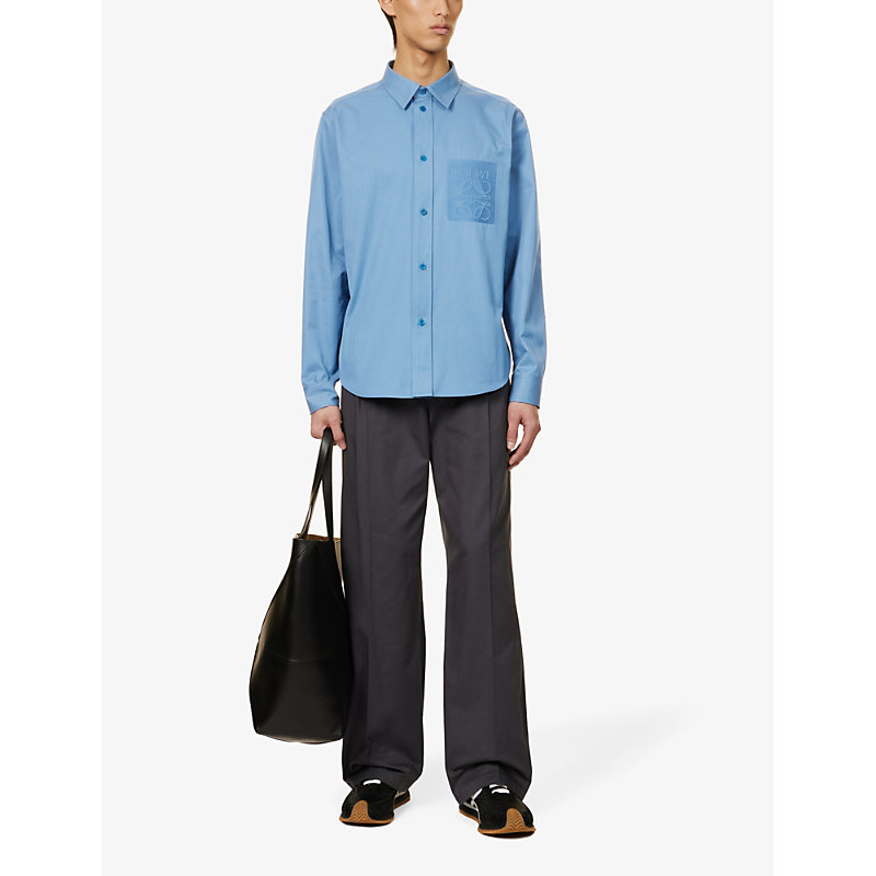 Shop Loewe Anagram-embroidered Pleated-cuffs Relaxed-fit Cotton-twill Shirt In Riviera Blue