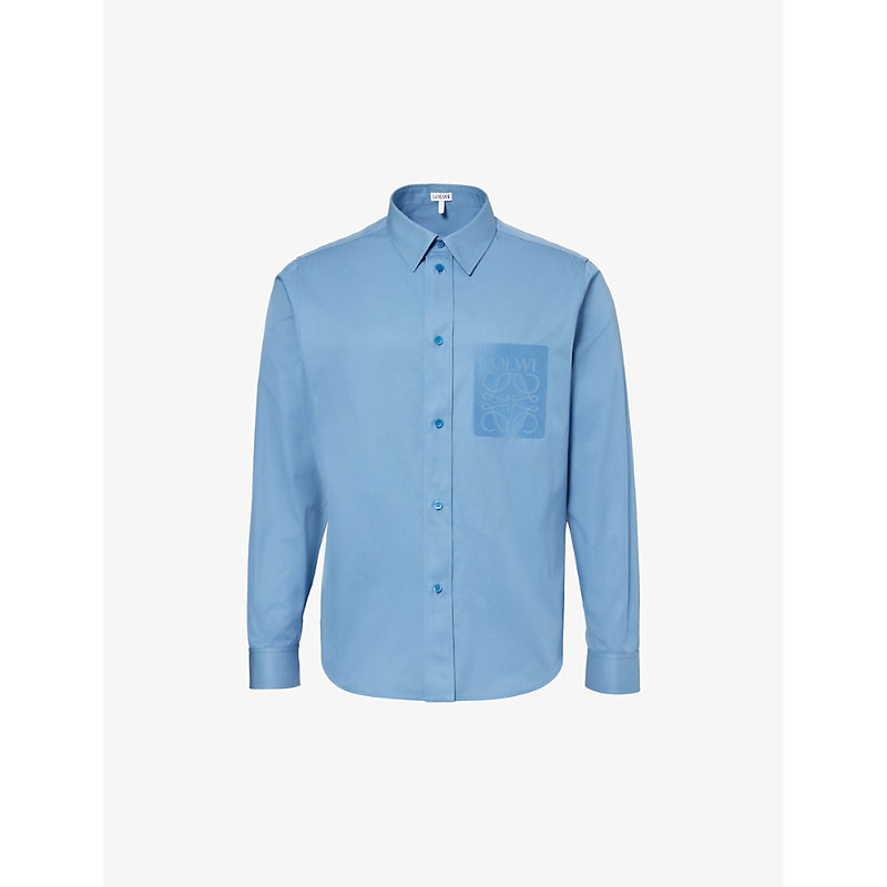 Shop Loewe Men's Riviera Blue Anagram-embroidered Pleated-cuffs Relaxed-fit Cotton-twill Shirt