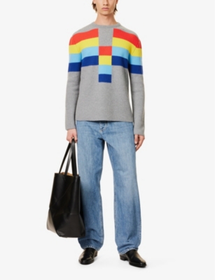 Shop Loewe Men's Grey Striped-pattern Wool-knit Jumper In Grey Multicolour