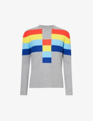 Loewe Mens Grey Multicolour Striped-pattern Wool-knit Jumper