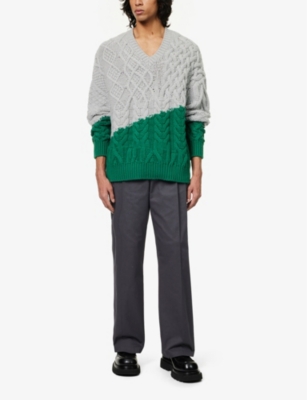 Shop Loewe Mens Grey Green Contrast-embellished Cable-knit Wool Jumper