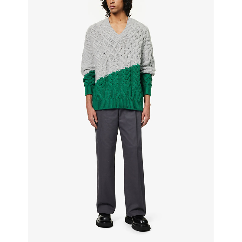 Shop Loewe Men's Grey Green Contrast-embellished Cable-knit Wool Jumper