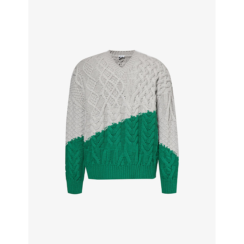Shop Loewe Contrast-embellished Cable-knit Wool Jumper In Grey Green