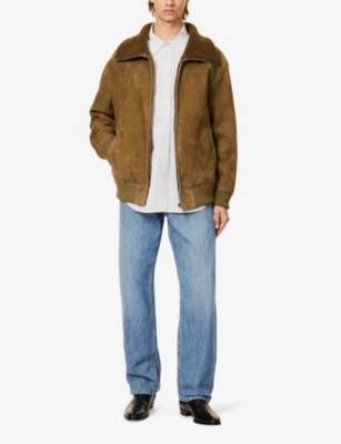 Shop Loewe Mens Khaki Green Shearling-lining Relaxed-fit Suede Bomber Jacket