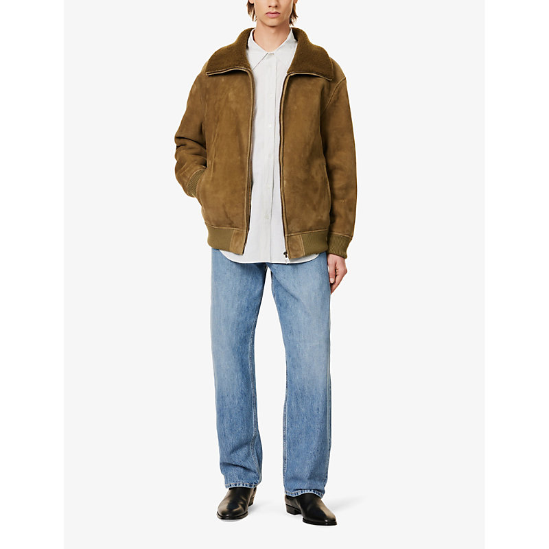 Shop Loewe Men's Khaki Green Shearling-lining Relaxed-fit Suede Bomber Jacket
