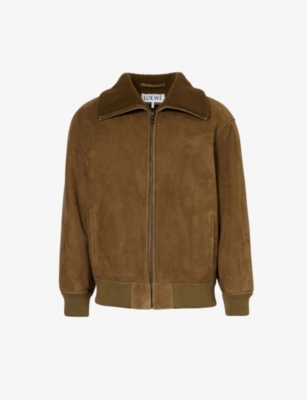 Loewe Mens Khaki Green Shearling-lining Relaxed-fit Suede Bomber Jacket