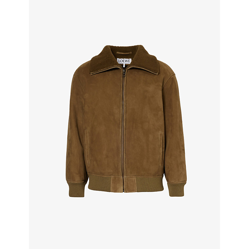 Loewe Mens Khaki Green Shearling-lining Relaxed-fit Suede Bomber Jacket