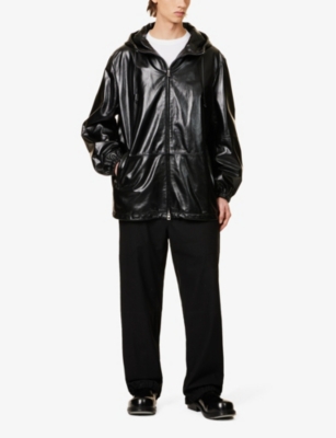 Shop Loewe Men's Black Brand-debossed Relaxed-fit Hooded Leather Jacket