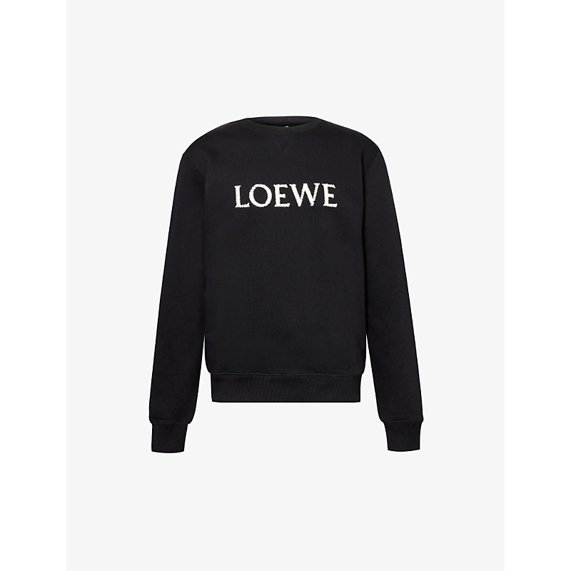 Shop Loewe Mens Black Crewneck Brand-embroidered Cotton-jersey Sweatshirt