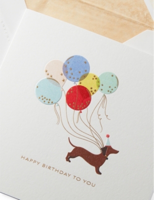 SMYTHSON: Birthday Dog with Balloons birthday card 15cm x 15cm