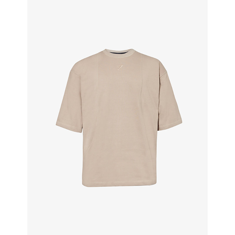 Shop Gymshark Mens Sand Brown Premium Lifting Logo-embroidered Cotton-jersey T-shirt