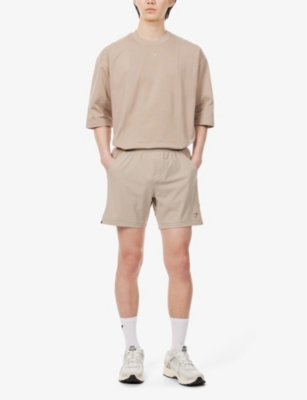Shop Gymshark Men's Sand Brown Studio Logo-print Stretch-woven Shorts