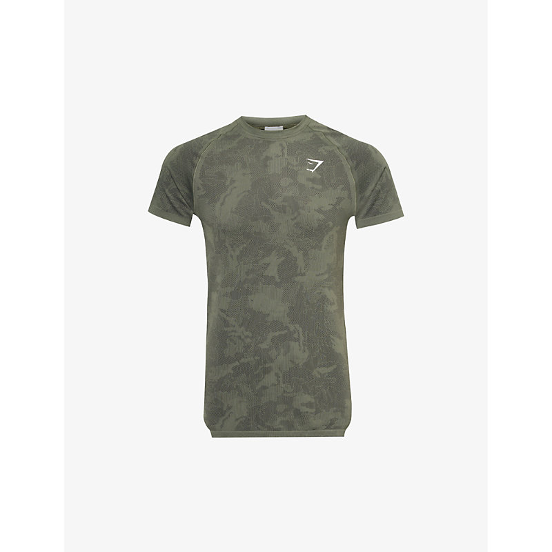 Shop Gymshark Men's Core Olive/black Geo Seamless Logo-print Recycled Polyester-blend T-shirt