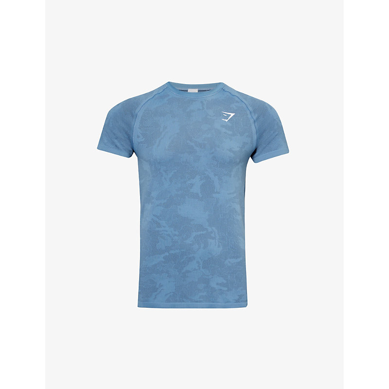 Shop Gymshark Mens Faded Blue/titanium Blue Geo Seamless Logo-print Recycled Polyester-blend T-shirt