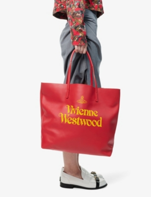 Shop Vivienne Westwood Red/ Yellow Studio Shopper Leather Tote Bag