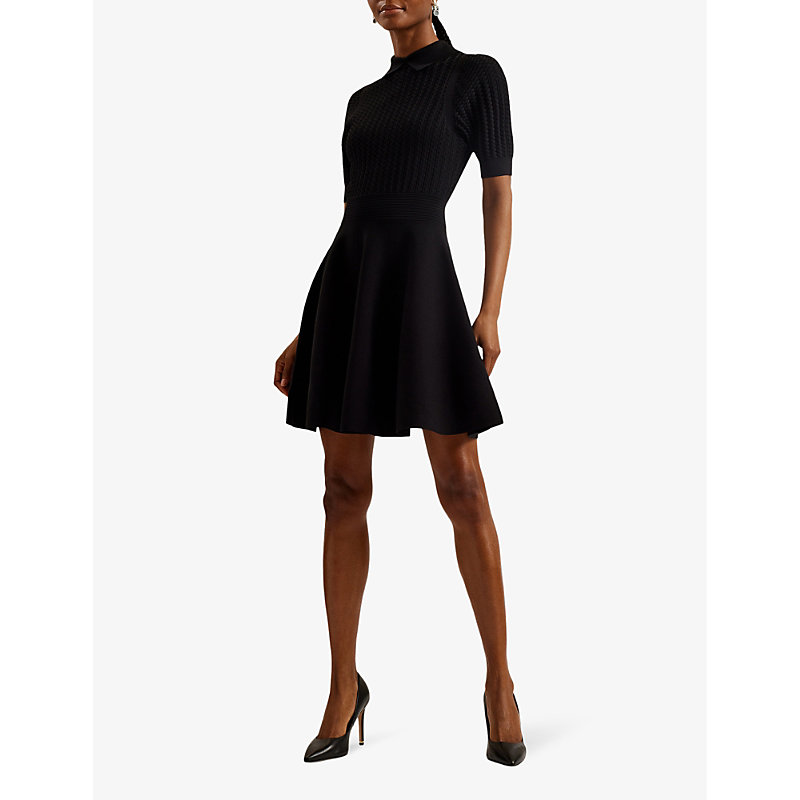 Shop Ted Baker Women's Black Miiaaa Puff-sleeve Textured Stretch-knit Mini Dress
