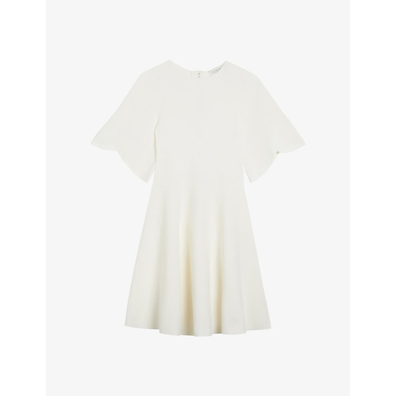 Shop Ted Baker Womens Ivory Oliviha Fluted-sleeve Ribbed Stretch-knit Mini Dress