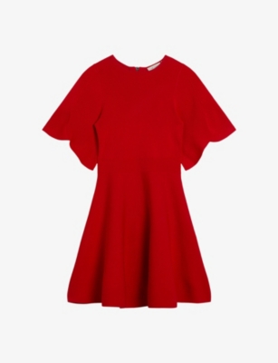 Shop Ted Baker Women's Red Oliviha Fluted-sleeve Ribbed Stretch-knit Mini Dress