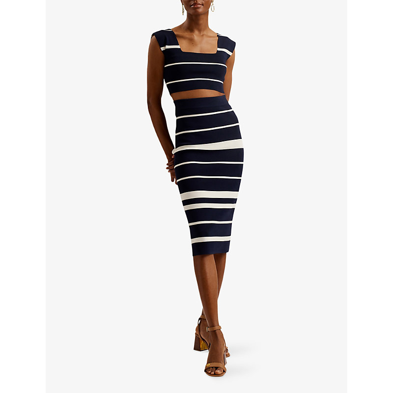 Shop Ted Baker Women's Navy Ellle Stripe-print Cropped Stretch-knit Top