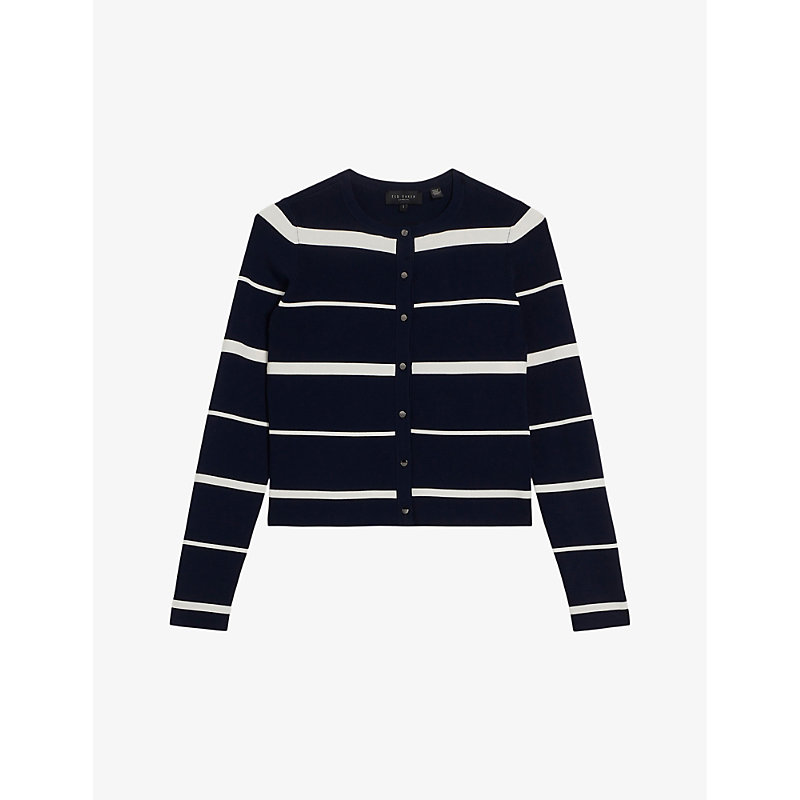 Shop Ted Baker Eloriaa Slim-fit Striped Stretch-knit Cardigan In Navy