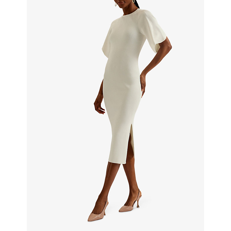 Shop Ted Baker Raelea Fluted-sleeve Slim-fit Stretch-knit Midi Dress In Ivory