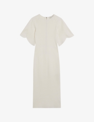 Shop Ted Baker Women's Ivory Raelea Fluted-sleeve Slim-fit Stretch-knit Midi Dress