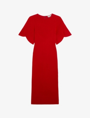 Shop Ted Baker Women's Red Raelea Fluted-sleeve Slim-fit Stretch-knit Midi Dress