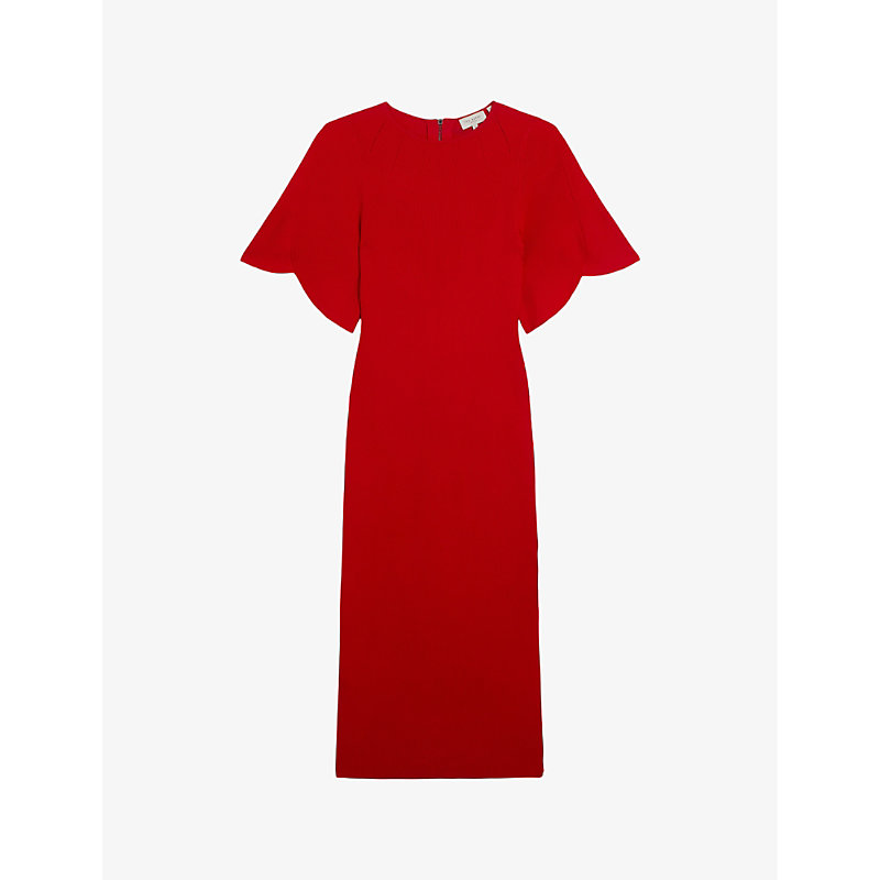 Shop Ted Baker Women's Red Raelea Fluted-sleeve Slim-fit Stretch-knit Midi Dress