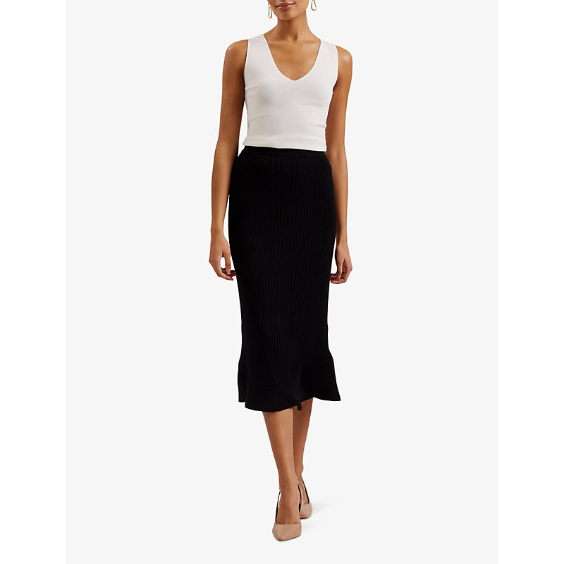 Shop Ted Baker Women's Black Velenaa Curved-hem High-rise Stretch-knit Midi Skirt