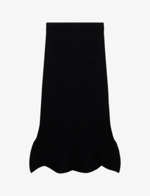 Shop Ted Baker Women's Black Velenaa Curved-hem High-rise Stretch-knit Midi Skirt