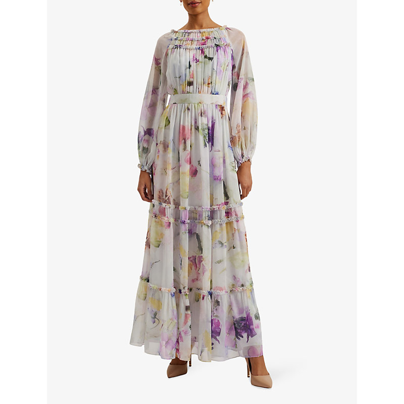 Shop Ted Baker Bellas Floral-print Chiffon Maxi Dress In White