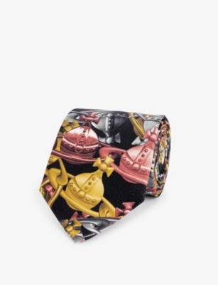 Vivienne Westwood Mens Black 1 Crazy Orb Graphic-print Silk Tie
