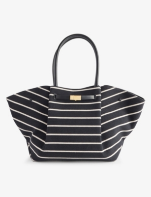 Demellier New York Breton-stripe Cotton Tote Bag In Black/black Ecru