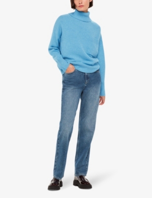 Shop Whistles Women's Blue Roll-neck Patch-pocket Wool Jumper