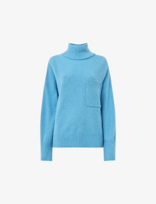 Whistles Womens Blue Roll-neck Patch-pocket Wool Jumper