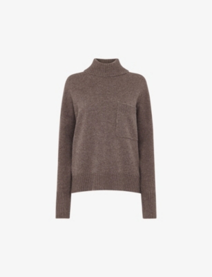 Whistles Womens Brown Roll-neck Patch-pocket Wool Jumper