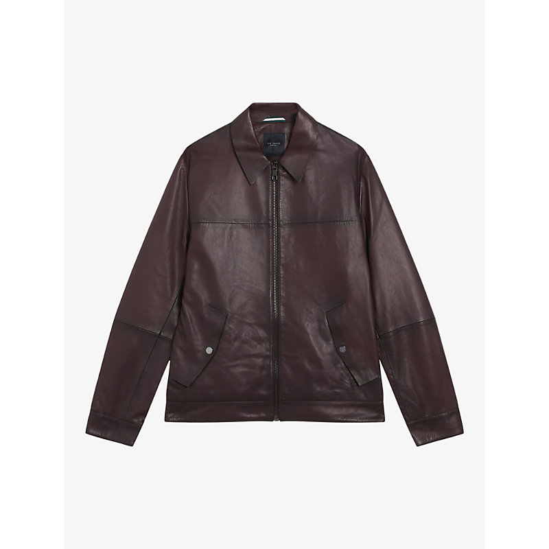 Shop Ted Baker Men's Dk-red Jerem Classic-collar Leather Jacket