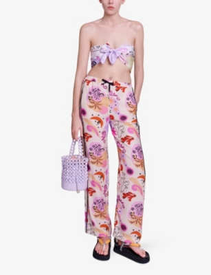 Shop Maje Women's Roses Graphic-print Elasticated Silk Straight-leg Trousers