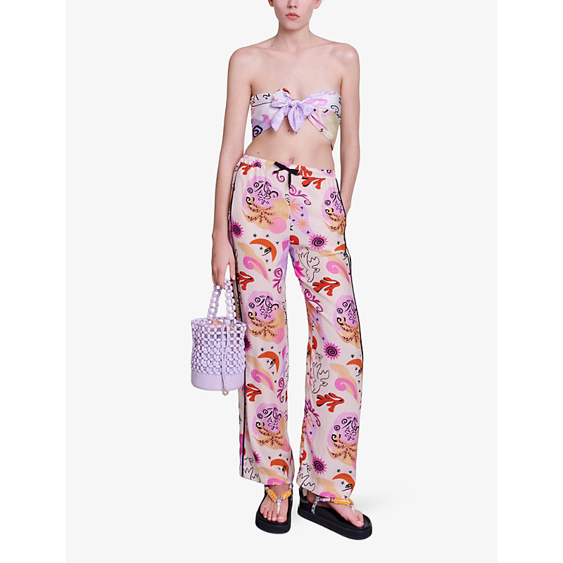 Shop Maje Womens Roses Graphic-print Elasticated Silk Straight-leg Trousers