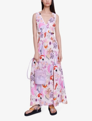Shop Maje Women's Roses Graphic-print Cut-out Silk Maxi Dress