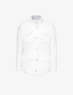 ELEVENTY ELEVENTY MEN'S WHITE FUNNEL-NECK FLAP-POCKET LINEN JACKET