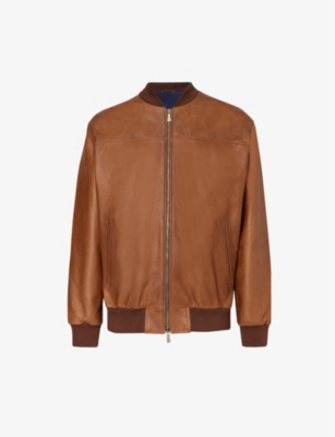 Eleventy Mens Tobacco Bomber Stand-collar Leather Jacket