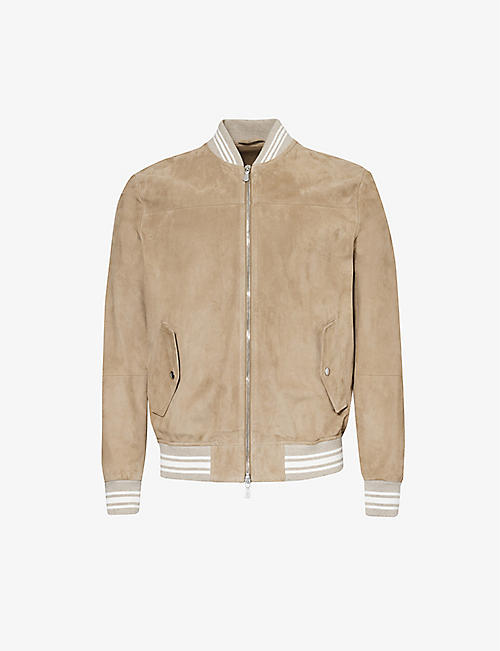 ELEVENTY: Stand-collar ribbed-trim suede jacket